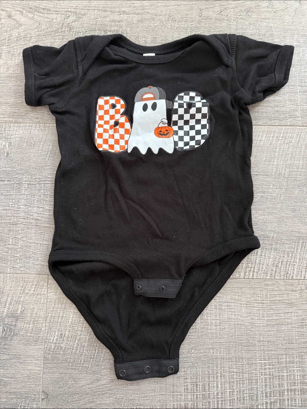 Rabbit Skins Black Halloween Ghost Bodysuit with Checkerboard Pumpkins